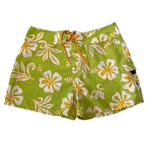 Vintage Y2K Beach Ray green & orange lace up hibiscus cargo board shorts size 5